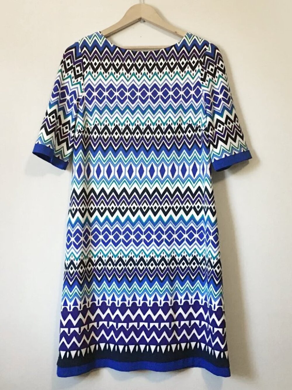 Eliza J Blue Diamond Zig-Zag Geometric Print Shift Dress 10 Retro Disco Fever